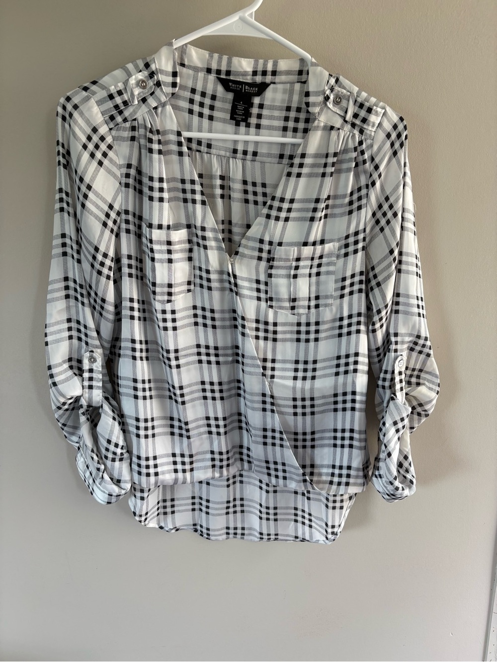 White House Black Market Black and White Plaid Roll-Tab top